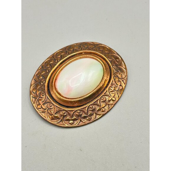Vintage Copper Oval Brooch with Ornate Design & Faux Mother of Pearl Center - Picture 2 of 5